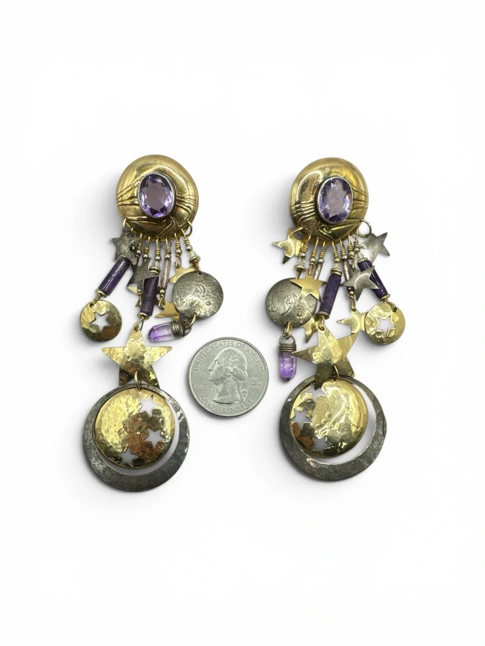 Vintage Sterling Silver 14K GF Tabra Purple Tourmaline Amethyst Earrings 4”
